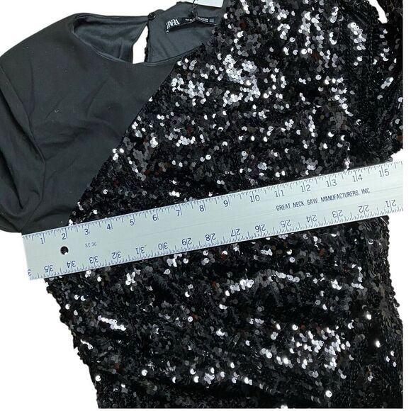 Zara Dress‎ WMNS M Black Sequin Mini Long Sleeve Asymmetric Avant Party Club - Picture 5 of 13